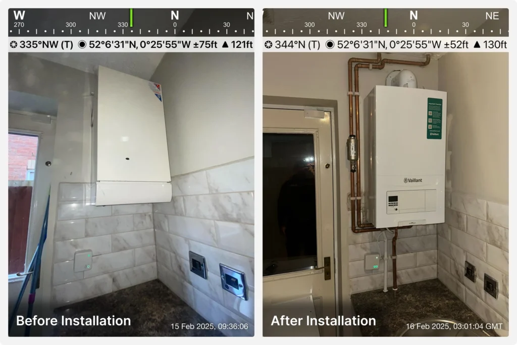 Comparison between old inefficient boiler and new ECO4 A-rated boiler replacement