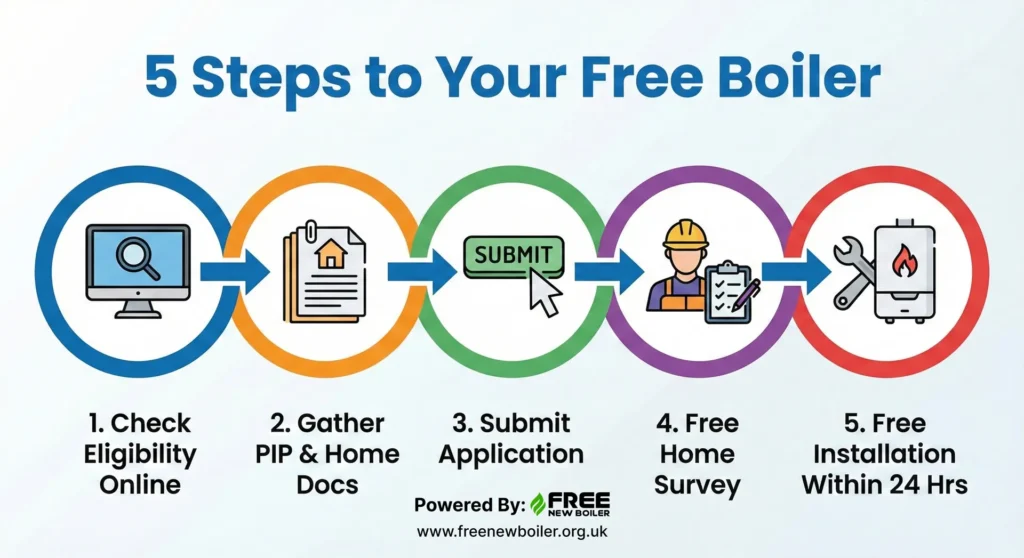 A clear infographic showing the five steps to apply for a free boiler grant via PIP benefits.
