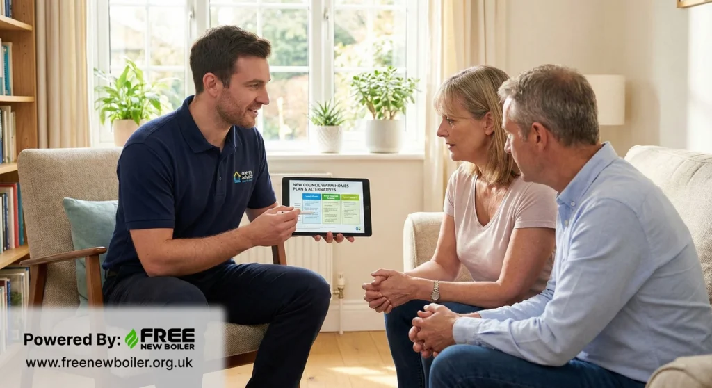 Energy advisor explaining next steps and alternative grants after ECO4 cancellation.