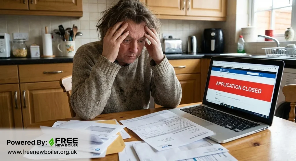 Homeowner reviewing energy bills and paperwork affected by ECO4 scheme cancellation.