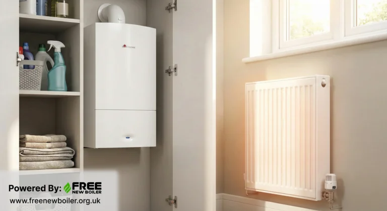 Modern energy-efficient boiler and warm radiator in a UK home.