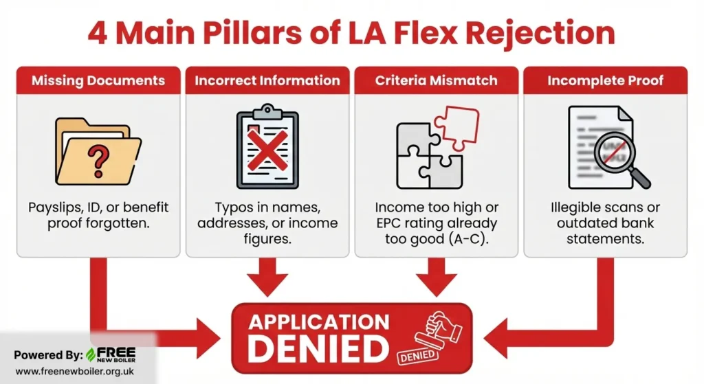 Common reasons for LA Flex application rejection include missing documents and eligibility issues